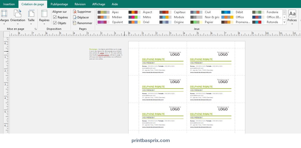 personaliser une carte de visite recto verso avec Publisher