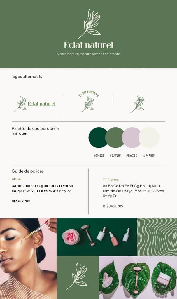 charte graphique d'une marque fictive de cosmétique Éclat naturel