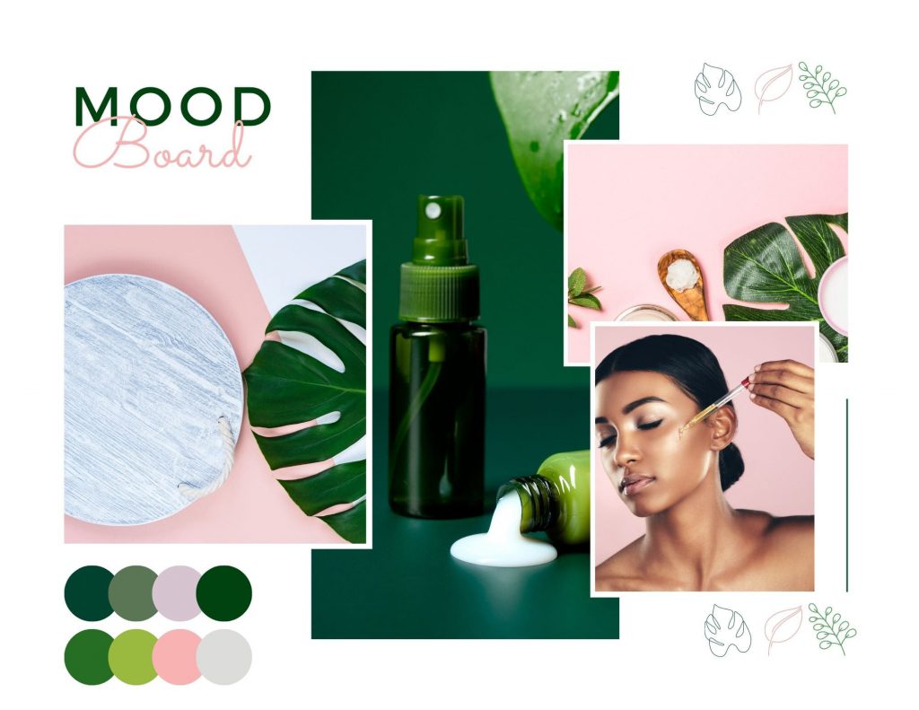 Moodboard marque fictive de cosmétique bio Éclat naturel